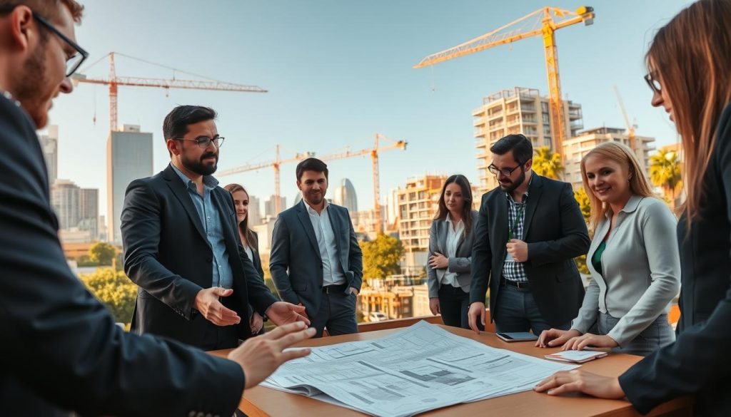 A skilled team of diverse professionals in smart casual attire collaborates on a construction site in Sydney's Inner West, showcasing their extensive experience in project management and compliance. In the foreground, a confident project manager gestures towards blueprints spread across a table, surrounded by engineers and architects engaged in discussion. The middle ground features cranes and partially completed buildings, reflecting ongoing development in the area. The background captures iconic Sydney architecture, with lush green trees and a clear blue sky, enhancing the urban setting. Golden hour lighting bathes the scene in warm tones, creating a dynamic and inspiring atmosphere that conveys professionalism and community engagement.