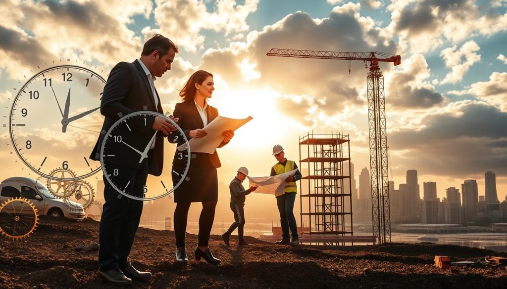 A visually striking image showcasing a series of overlapping timeframes represented by elegant, transparent clocks, gears, and architectural blueprints, symbolizing the precision and clarity in commercial underpinning projects. In the foreground, a pair of professional individuals in business attire are discussing a large blueprint, with tools like a measuring tape and a digital tablet. The middle ground features a construction site with workers carefully inspecting foundations, framed by a steel structure under construction. The background shows a skyline of Sydney, with soft sunlight breaking through clouds, casting warm golden tones and shadows that create an atmosphere of professionalism and diligence. The image is captured with a wide-angle lens to emphasize depth and perspective.