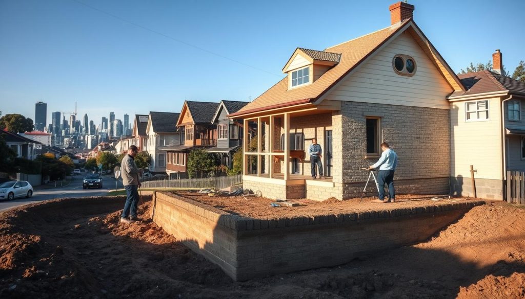 A well-constructed house with a solid foundation, showcasing various underpinning techniques in progress, prominently placed in the foreground. Skilled contractors in professional attire are carefully examining the foundation, with tools and equipment visible, illustrating their expertise. The middle ground features a busy Sydney street with several homes displaying different architectural styles, highlighting the diversity of Sydney's buildings. In the background, the city skyline is visible under a bright blue sky, creating a sense of place. Soft, natural lighting enhances the scene, reflecting a warm, inviting atmosphere that conveys trust and professionalism. The composition is taken from a slightly elevated angle, allowing for a comprehensive view of the work being done on the foundation.