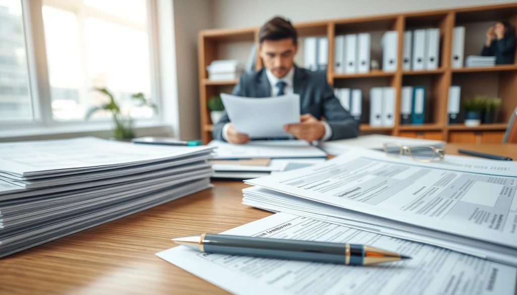 A well-organized desk filled with compliance documentation, including regulatory guidelines, insurance forms, and structural assessment reports. In the foreground, neatly stacked papers and a pen are thoughtfully arranged, showcasing attention to detail. In the middle, a professional business person, dressed in smart attire, is reviewing a document under soft, natural lighting, conveying trust and diligence. The background features a calm office environment with a bookshelf holding additional resources on structural preservation and compliance. The mood is focused and reassuring, suggesting reliability and professionalism, with a gentle depth of field emphasizing the documentation at the forefront. A wide-angle perspective captures the entire scene, creating an inviting and informative atmosphere.