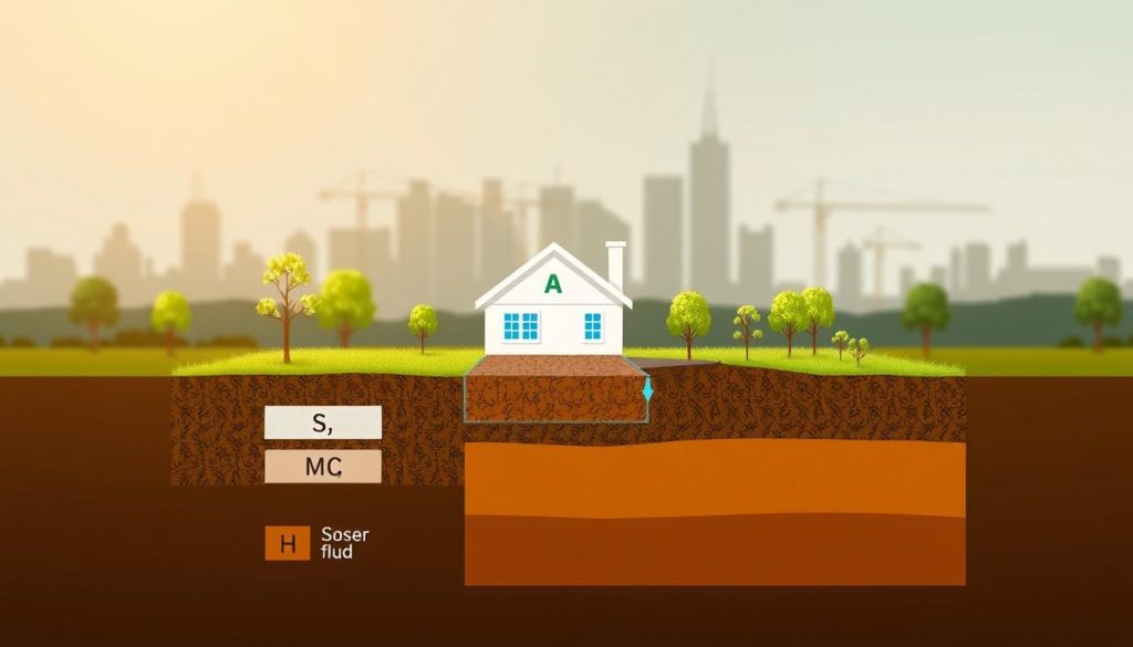 An illustrative diagram representing "AS 2870 site classification" for reactive clay soil in Sydney. In the foreground, showcase clear, labeled classifications such as A, S, M, and H, depicted as distinct sections with varying soil textures. In the middle ground, include a visual representation of a house foundation and slab in relation to these classifications, contrasting various depths and components. The background features a simple landscape of Sydney, highlighting the local environment with minimalistic trees and a skyline silhouette, symbolizing urban construction. Use warm, natural lighting to create an informative and professional atmosphere, with a slight focus blur on the background to keep attention on the classifications and structures. The overall mood should be educational and engaging, facilitating understanding of site classifications.