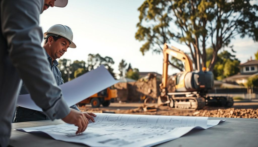 An outdoor construction site featuring a professional team engaged in a cost timing project for retaining wall underpinning. In the foreground, two workers in modest casual clothing are examining detailed blueprints spread out on a large surface. In the middle ground, a partially constructed retaining wall can be seen, with heavy machinery such as an excavator and concrete mixer actively working. The background showcases a clear sunny sky, trees, and a residential area in Sydney, implying the location. Soft, natural lighting illuminates the scene, creating a productive and focused atmosphere. A slight depth of field effect emphasizes the workers and blueprints, while the overall angle captures the dimensionality of the construction site. An outdoor construction site featuring a professional team engaged in a cost timing project for retaining wall underpinning. In the foreground, two workers in modest casual clothing are examining detailed blueprints spread out on a large surface. In the middle ground, a partially constructed retaining wall can be seen, with heavy machinery such as an excavator and concrete mixer actively working. The background showcases a clear sunny sky, trees, and a residential area in Sydney, implying the location. Soft, natural lighting illuminates the scene, creating a productive and focused atmosphere. A slight depth of field effect emphasizes the workers and blueprints, while the overall angle captures the dimensionality of the construction site.