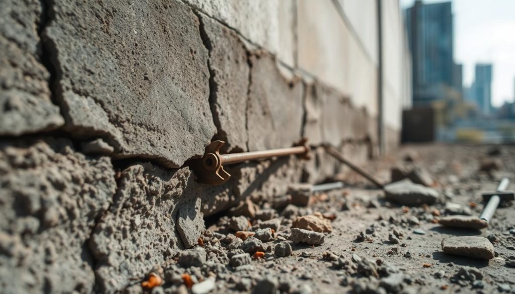A close-up image of a cracked foundation wall, prominently featuring various cracks of different sizes and depths. In the foreground, textured concrete with visible fragments and debris, showcasing the severity of the damage. The middle ground focuses on a partially collapsed area with rusted rebar peeking through the cracks, emphasizing structural concerns. The background remains slightly blurred, suggesting an urban environment with blurred outlines of nearby buildings. Natural daylight filters in, casting soft shadows that highlight the texture of the cracked surface. The overall mood conveys urgency and the need for professional assessment, capturing the essence of structural integrity and the importance of underpinning in construction.