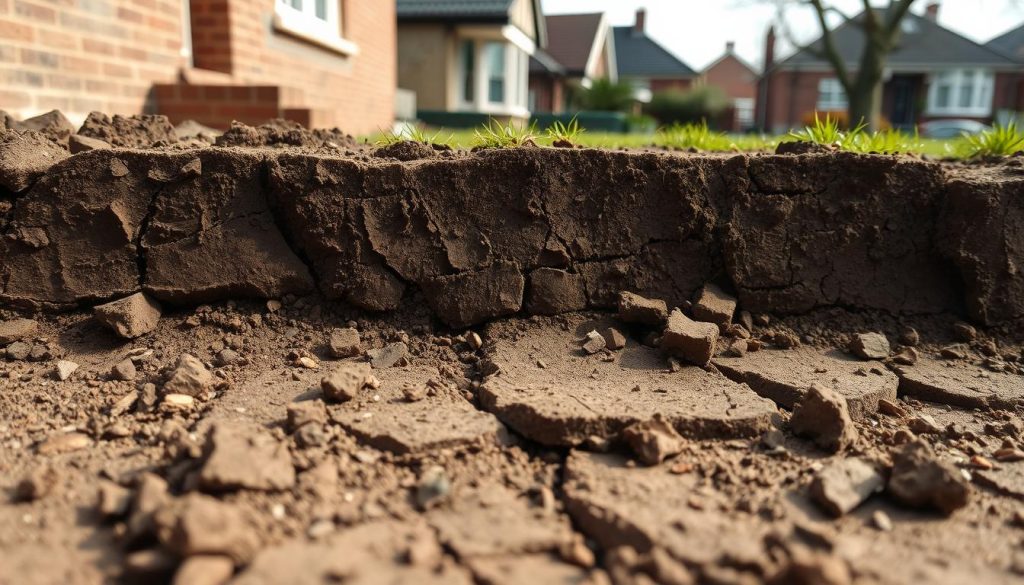 A close-up view of soil layers in the Inner West, highlighting the distinct characteristics of clay soils with cracks and moisture points. In the foreground, display fragmented clay soil, with small stones and organic matter visible. The middle ground features aging footings and subtle signs of water damage, like moss and damp patches. In the background, depict residential structures typical of Leichhardt, softly blurred to maintain focus on the soil and footings. The lighting is soft and natural, casting light shadows to enhance texture and detail. Aim for a professional and slightly somber mood, capturing the essence of foundation repair concerns due to geological and environmental factors.