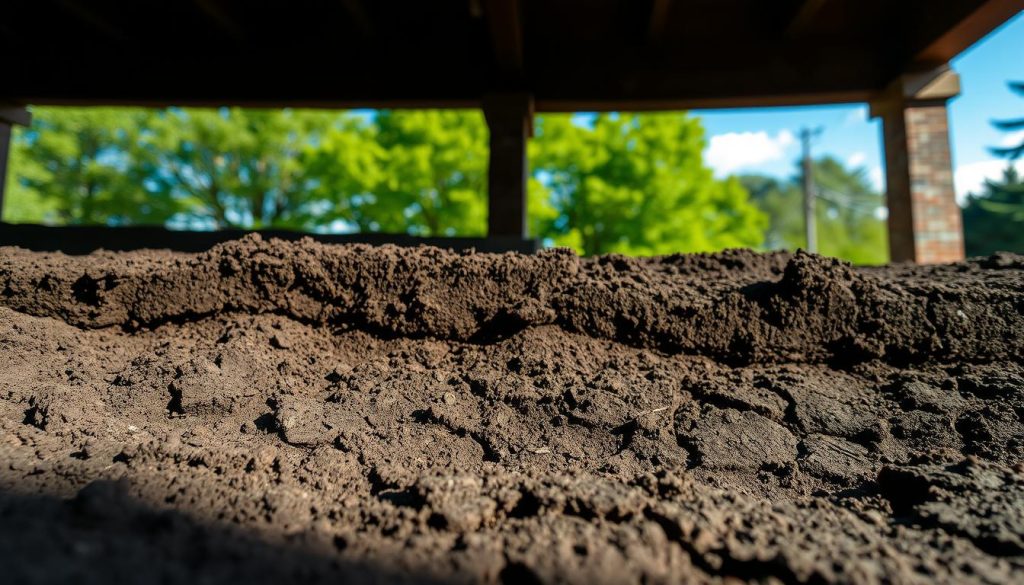 A close-up view of soil movement beneath a historic building structure, with layers of soil visibly shifting and settling. In the foreground, focus on dark, cracked earth revealing signs of erosion. The middle ground features a foundation wall slightly tilted, demonstrating the impact of soil instability, while supporting beams are partially exposed. In the background, lush green trees and a blue sky create a contrast against the gritty foreground, suggesting the natural forces at play. Soft, natural lighting filters through, casting shadows that emphasize the texture of the soil. The mood is serious yet informative, highlighting the importance of structural preservation in the face of environmental factors. The angle is slightly low, enhancing the visual impact of the shifting soil. A close-up view of soil movement beneath a historic building structure, with layers of soil visibly shifting and settling. In the foreground, focus on dark, cracked earth revealing signs of erosion. The middle ground features a foundation wall slightly tilted, demonstrating the impact of soil instability, while supporting beams are partially exposed. In the background, lush green trees and a blue sky create a contrast against the gritty foreground, suggesting the natural forces at play. Soft, natural lighting filters through, casting shadows that emphasize the texture of the soil. The mood is serious yet informative, highlighting the importance of structural preservation in the face of environmental factors. The angle is slightly low, enhancing the visual impact of the shifting soil.