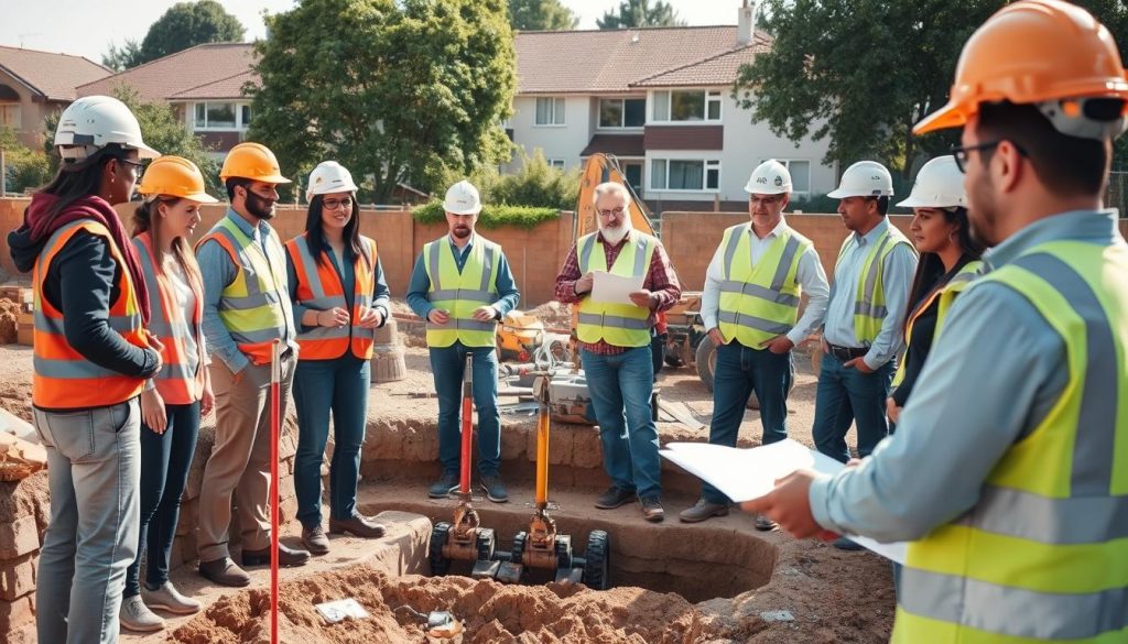 A construction job site showcasing professionals engaged in underpinning work, emphasizing minimal disruption and clear communication. In the foreground, a diverse group of workers in smart, modest casual clothing, discussing plans, surrounded by safety equipment like hard hats and high-visibility vests. In the middle ground, machinery such as hydraulic jacks and excavation tools are carefully positioned, with workers monitoring the process. The background features a semi-urban environment with residential buildings, partially obscured by trees. The lighting is bright and natural, simulating early afternoon, creating a productive and focused atmosphere. The composition should be captured from a slightly elevated angle to provide a comprehensive view of the operations, ensuring clarity and professionalism.
