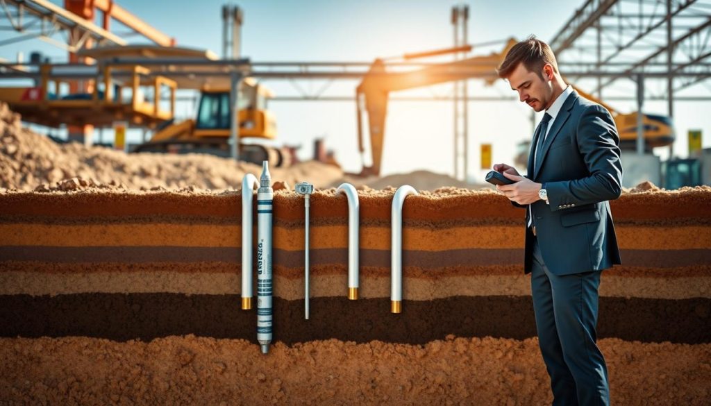 A cross-section view of a resin injection ground, showcasing the intricate layers of soil and injected resin materials. In the foreground, a smartly dressed technician in business attire inspects the engineered area, holding a testing device. The middle section displays tubes and equipment used for the resin injection process, emphasizing precision and technology. The background features a construction site with heavy machinery and safety signage, bathed in natural daylight to highlight clarity and professionalism. The atmosphere is industrious yet safe, reflecting a commitment to quality and expertise in foundation solutions. Use a wide-angle lens to capture depth and dynamics, ensuring all elements are well-lit with no harsh shadows, conveying a sense of trust and innovation in engineering.