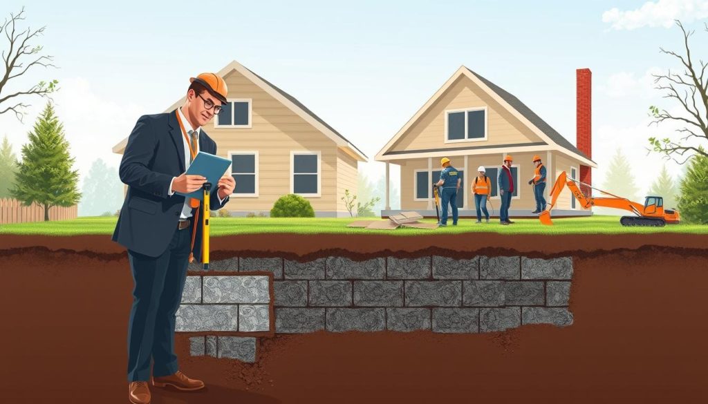 A detailed illustration depicting the costs and timeframes associated with foundation repair in a residential setting. In the foreground, a professional surveyor in business attire examines a house's foundation with measuring tools and a digital tablet, showcasing precise measurements and calculations. The middle ground features a construction crew working on reinforcing the foundation, using essential equipment like jackhammers and excavators, emphasizing the active progress. In the background, a clear sky contrasts with the busy scene, suggesting a tight schedule. Soft, natural lighting creates an optimistic, focused atmosphere, while a slightly elevated angle captures the entirety of the scene, highlighting both the immediate task and the broader context of ongoing repairs. The overall mood conveys professionalism and efficiency in addressing foundation issues while minimizing disruption to the homeowners.