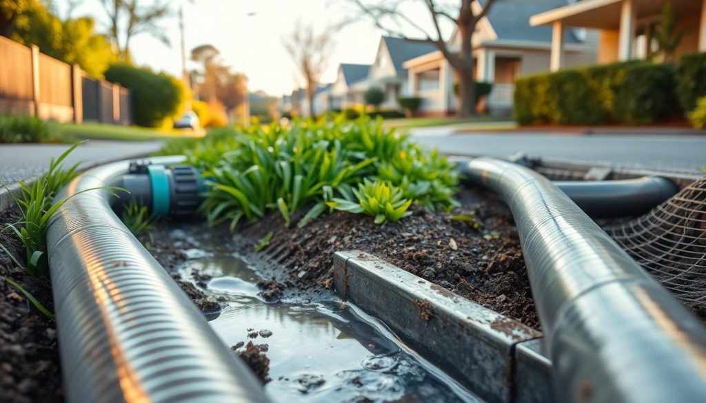 A detailed view of a drainage system in a residential area of Marrickville, showcasing a variety of drainage pipes and channels effectively managing rainwater runoff. In the foreground, include well-maintained stormwater drains and soil erosion controls. The middle section features lush green vegetation, emphasizing the importance of proper drainage in preventing foundation issues. In the background, depict a suburban street with homes exhibiting stable foundations, providing context to the drainage systems at work. The scene is illuminated by soft, natural daylight, creating a serene atmosphere. The angle should be slightly elevated, offering a comprehensive perspective on how effective drainage contributes to foundation stability. Ensure the composition is clear and professional, without any people or distracting elements.