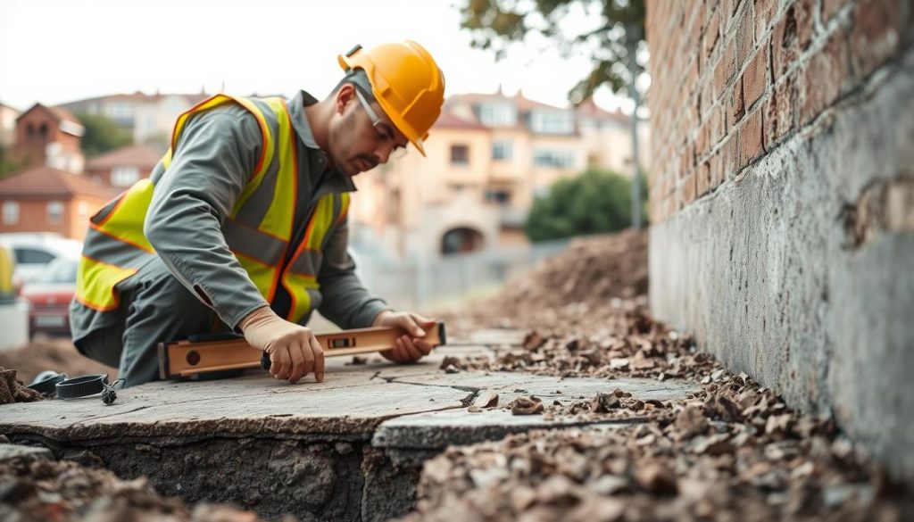 A focused image of a foundation repair specialist at work in the Inner West area of Leichhardt, showcasing local knowledge and expertise. In the foreground, a professional technician in safety gear examines a section of cracked concrete foundation, using tools such as a level and measuring tape. In the middle ground, depict foundational structures, highlighting typical issues found in the region, like tree root intrusions and soil erosion. The background features a scenic view of Leichhardt's residential architecture, hinting at the neighborhood context. Soft, natural lighting enhances the scene, creating a warm atmosphere that conveys trust and professionalism, shot from a slightly low angle to emphasize the technician's focus on the task at hand.