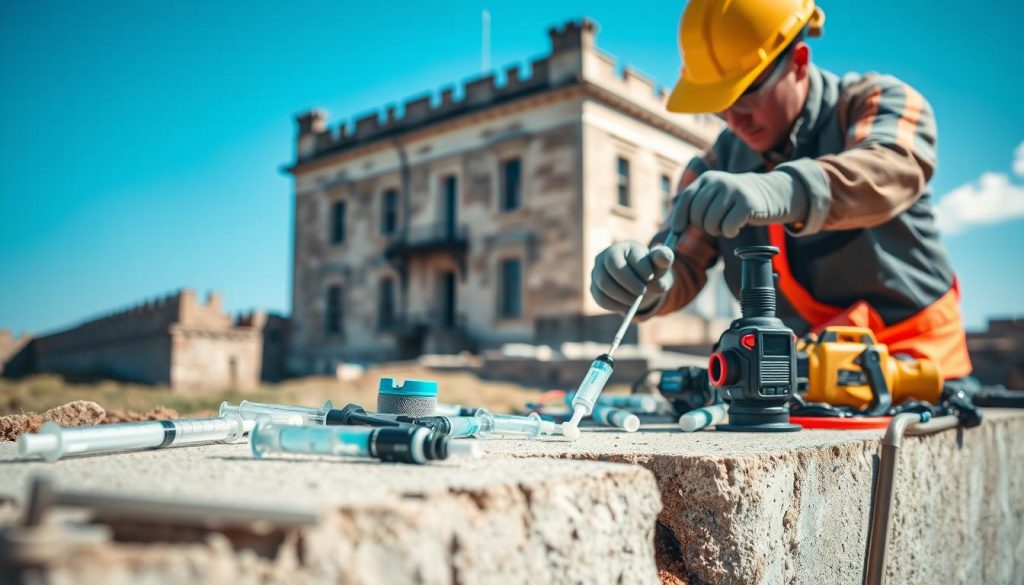 A highly detailed image of a resin injection solution process in the foreground, showcasing a professional wearing a safety helmet and gloves, carefully injecting resin into a crack in a concrete foundation wall. The middle ground features an array of tools and equipment used for underpinning, such as syringes, resin tubes, and monitoring devices, emphasizing the precision of modern techniques. In the background, a partially visible historic building, representing Castle Hill, stands against a bright blue sky, highlighting the importance of structural preservation. The lighting is bright and natural, casting soft shadows that enhance the clarity of the materials. The atmosphere conveys a sense of innovation and trustworthiness in modern engineering practices. A highly detailed image of a resin injection solution process in the foreground, showcasing a professional wearing a safety helmet and gloves, carefully injecting resin into a crack in a concrete foundation wall. The middle ground features an array of tools and equipment used for underpinning, such as syringes, resin tubes, and monitoring devices, emphasizing the precision of modern techniques. In the background, a partially visible historic building, representing Castle Hill, stands against a bright blue sky, highlighting the importance of structural preservation. The lighting is bright and natural, casting soft shadows that enhance the clarity of the materials. The atmosphere conveys a sense of innovation and trustworthiness in modern engineering practices.