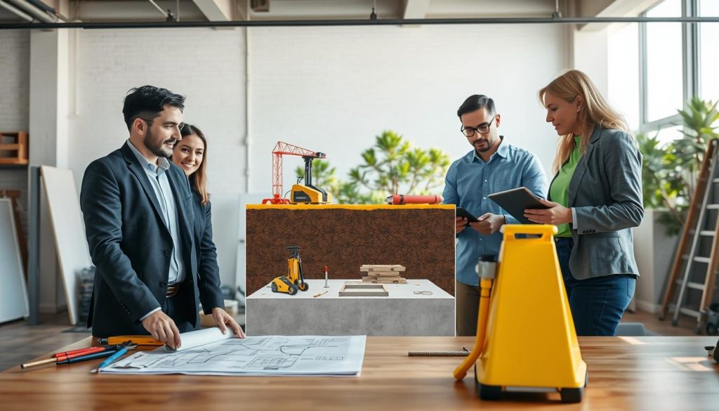 A modern foundation repair workshop scene, illustrating the process of assessment to completion. In the foreground, a diverse team of three professionals in business attire, discussing plans and using measuring tools, with blueprints and tablets on a table. In the middle, a construction site view showing foundation work in progress, with equipment like hydraulic jacks and concrete drills, along with a clear image of a well-structured building foundation. In the background, a bright sky and trees, symbolizing stability and reliability. The lighting is natural and bright, creating a professional, optimistic atmosphere, capturing the essence of transparency and teamwork in the foundation repair process.