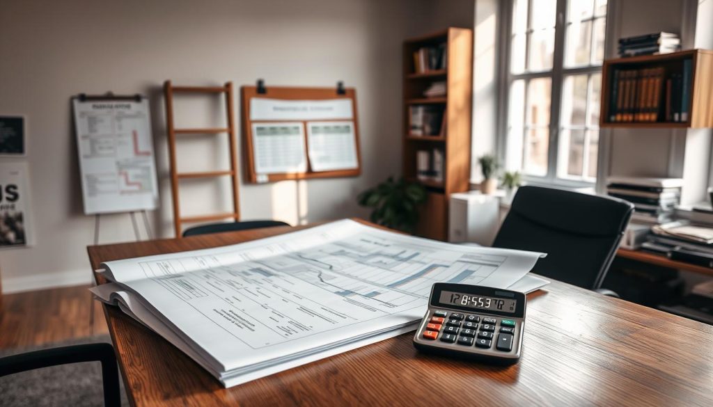 A serene office setting features a wooden desk covered with neatly arranged blueprints, charts, and a calculator displaying figures that represent costs and quotes for structural preservation projects. A soft light filters through a large window, casting gentle shadows across the scene. In the foreground, a professional, dressed in smart business attire, examines the documents with a look of focus and trust, symbolizing reliability in estimates. The middle ground reveals a wall-mounted board with pinned timelines and project milestones, while the background showcases shelves filled with books on structural engineering and preservation techniques. The atmosphere conveys an air of professionalism, trustworthiness, and clarity, ideal for discussions about costs, quotes, and reliable project management. A serene office setting features a wooden desk covered with neatly arranged blueprints, charts, and a calculator displaying figures that represent costs and quotes for structural preservation projects. A soft light filters through a large window, casting gentle shadows across the scene. In the foreground, a professional, dressed in smart business attire, examines the documents with a look of focus and trust, symbolizing reliability in estimates. The middle ground reveals a wall-mounted board with pinned timelines and project milestones, while the background showcases shelves filled with books on structural engineering and preservation techniques. The atmosphere conveys an air of professionalism, trustworthiness, and clarity, ideal for discussions about costs, quotes, and reliable project management.