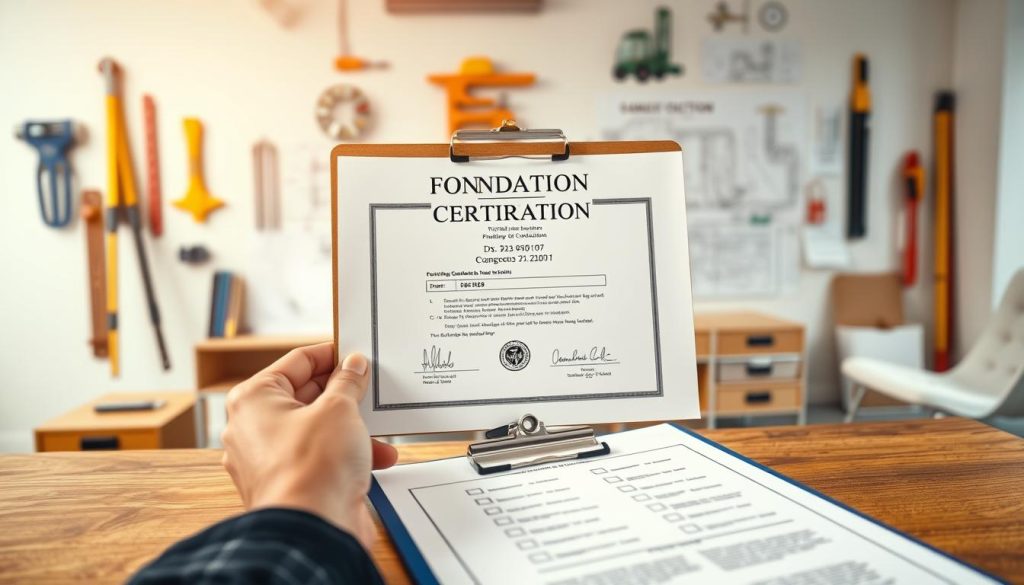 An impressive foundation certification document prominently displayed on a sturdy wooden desk in a well-lit office setting. In the foreground, a pair of professional hands holds a clipboard with a check-list, symbolizing safety and compliance. The middle section features the certification document, which displays a detailed seal and signatures, showcasing the expertise behind the documents. In the background, elements such as measuring tools, blueprints, and construction standards hang on the walls, reinforcing a theme of professionalism and technical precision. The atmosphere is bright and organized, with warm lighting highlighting the importance of safety in construction. The angle captures the desk slightly from above, focusing on the certification while providing context with the surrounding environment.